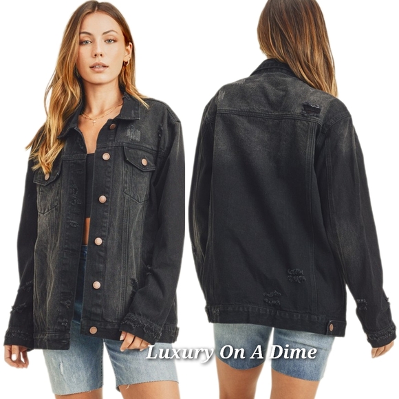 RISEN Distressed Cotton Torn Denim Jean Jacket Long Sleeve Black Button Collar - Picture 2 of 16